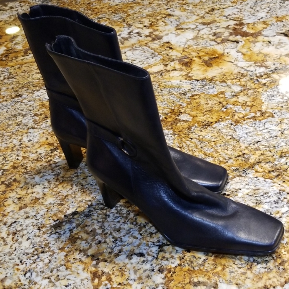 Dark Navy Leather Ankle Boots